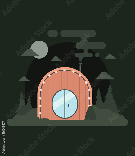 Vector stock glamping concept of comfortable outdoor recreation.  Comfortable camping with camping, camp, wilderness vacation. Suitable for advertising glamping, country houses and outdoor recreation