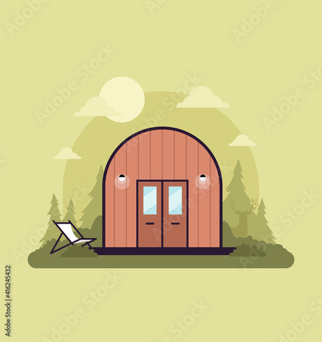 Vector stock glamping concept of comfortable outdoor recreation.  Comfortable camping with camping, camp, wilderness vacation. Suitable for advertising glamping, country houses and outdoor recreation