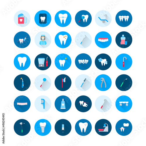 Dentistry and orthodontics flat icons set with long shadow. Signs for dentistry clinic. Dental care equipment, braces, veneers, caries treatment, floss, and medical elements. Orthodontics concept.
