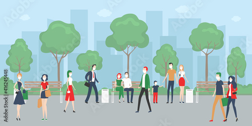 People in masks walking in city park. Vector.