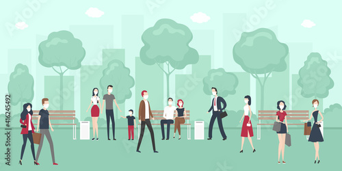 People in protective masks walking in park. Vector.