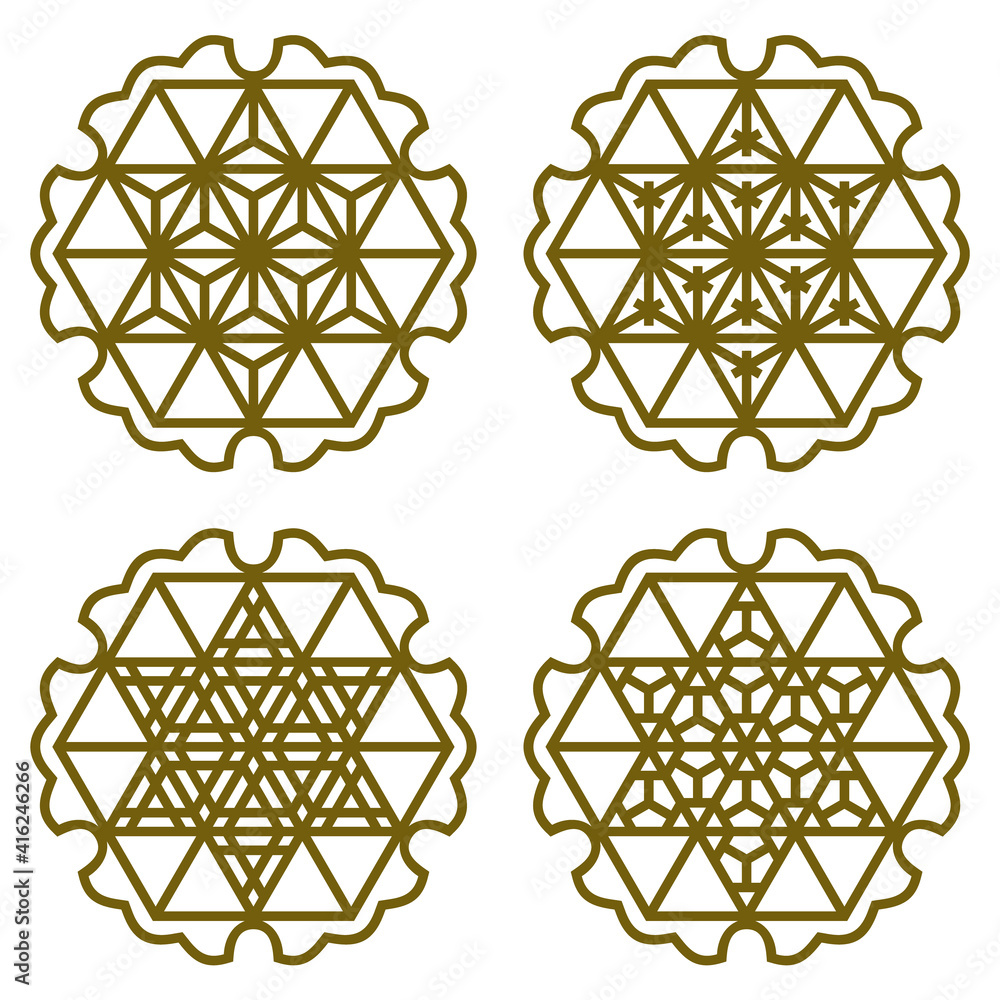 A set of four design elements using the Japanese style of Kumiko zaiku. A set of four design elements using the Japanese style of Kumiko zaiku.