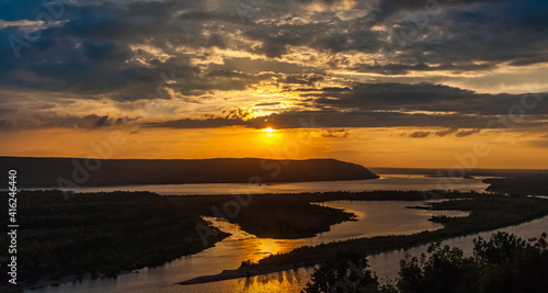 Landscape with sunset on the river in summer