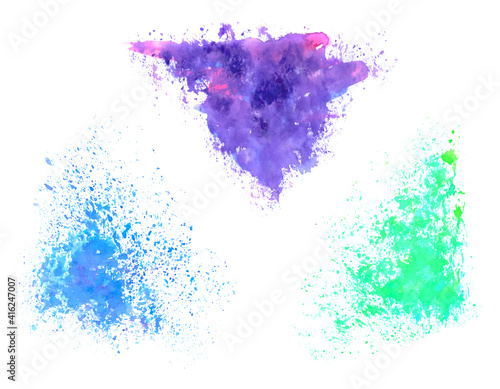 Collection set of hand painted isolated watercolor splash spray spots white background. Design elements in vibrant blue, purple, violet and green colors.