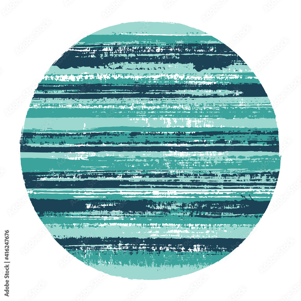 Modern circle vector geometric shape with striped texture of ink horizontal lines. Old paint texture disc. Label round shape circle logo element with grunge background of stripes.