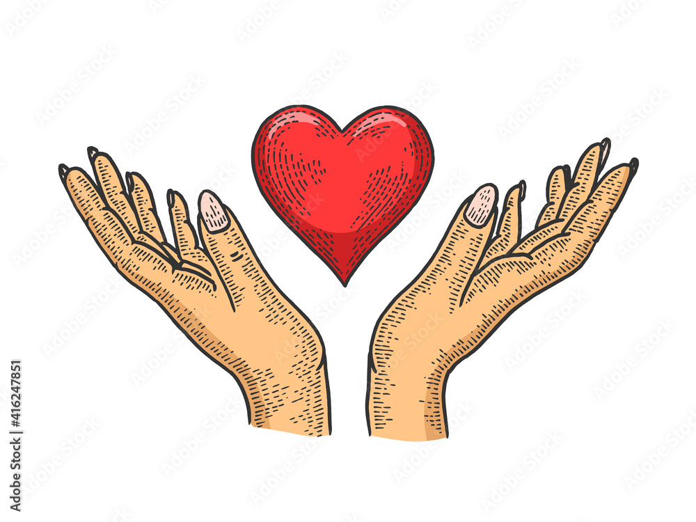 Fototapeta premium Hands and heart symbol sketch engraving raster