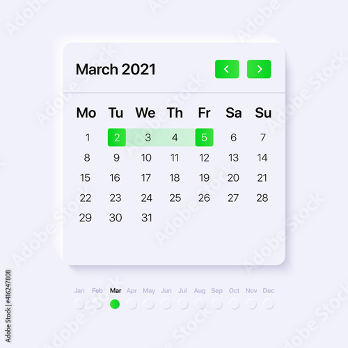 Template for Calendar with green acid gradient pickers. Widget Concept for digital platforms. March month. Vector illustration