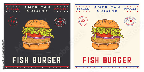 Fish burger sandwich menu cartoon illustration