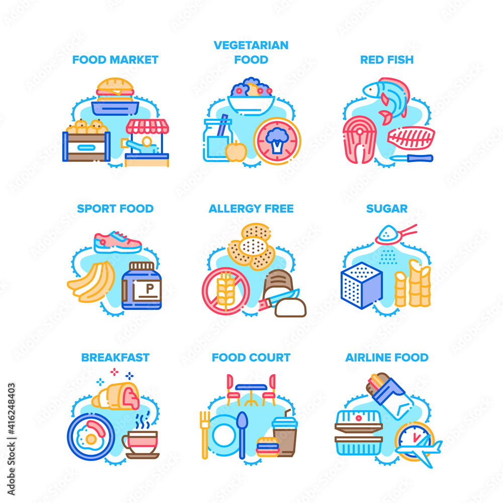 Food Meal Eating Set Icons Vector Illustrations. Food Market And Court, Vegetarian Nutrition And Red Fish, Airline Nourishment And Breakfast, Sport Energy Nutrient And Allergy Free Color Illustrations Food Meal Eating Set Icons Vector Illustrations. Food Market And Court, Vegetarian Nutrition And Red Fish, Airline Nourishment And Breakfast, Sport Energy Nutrient And Allergy Free Color Illustrations