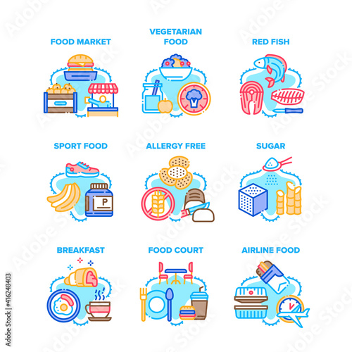 Food Meal Eating Set Icons Vector Illustrations. Food Market And Court, Vegetarian Nutrition And Red Fish, Airline Nourishment And Breakfast, Sport Energy Nutrient And Allergy Free Color Illustrations