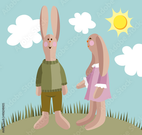 Tilda hare toys on a grassplot. Vector Illustration.