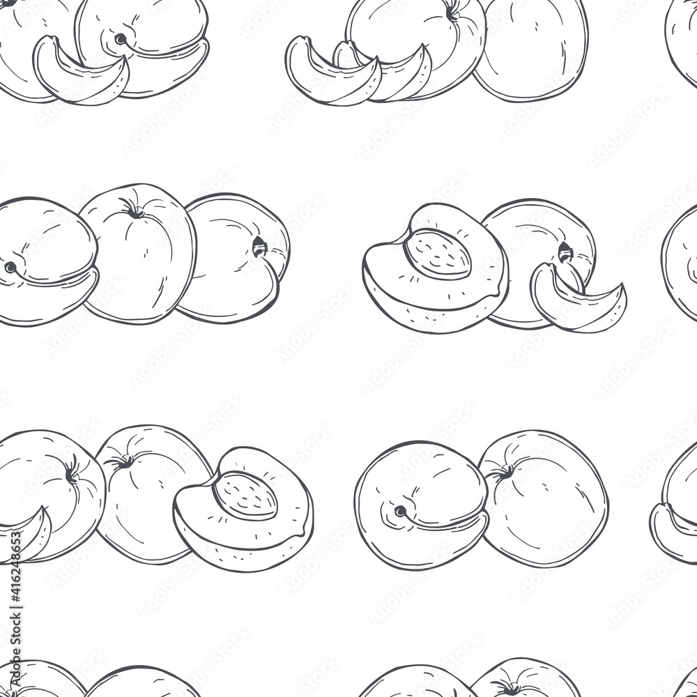 Hand drawn peach. Fruits on white background. Vector sketch  pattern.
