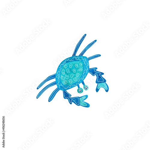 Watercolor crab decorated with white patterns. Blue and turquoise colors. Sea animal hand painted illustration on white background. Great for posters, mug decoration, scrapbooking.