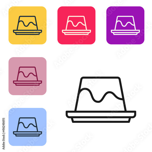 Black line Pudding custard with caramel glaze icon isolated on white background. Set icons in color square buttons. Vector.