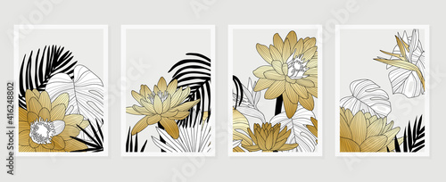 Luxury cover design template. Lotus line arts hand draw gold lotus flower and leaves. Design for packaging design, social media post, cover, banner, Wall arts, Gold geometric pattern design vector
