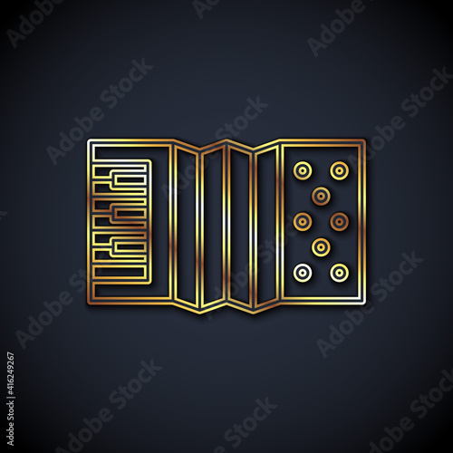 Gold line Musical instrument accordion icon isolated on black background. Classical bayan, harmonic. Vector.