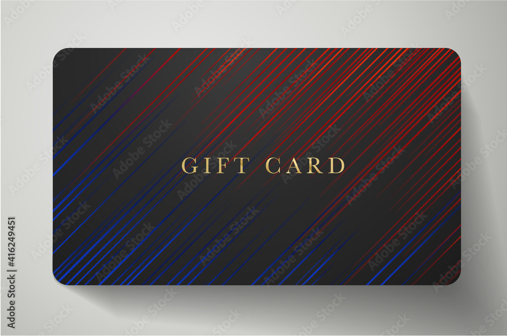 Gift card, business card with diagonal dynamic blue, red lines on back background. Formal dark template for shopping card, invite design
