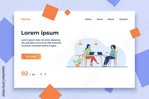 Two women sitting in cafe with laptops. Drink, computer, work flat vector illustration. Meeting and coffee break concept for banner, website design or landing web page