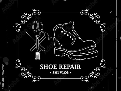 Shoe repair service. Vector image of logo. Trendy concept in old retro style