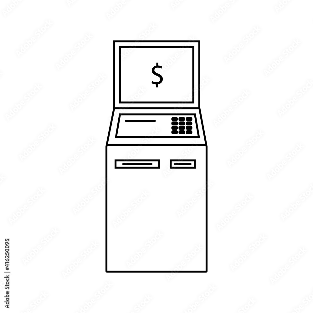 Bank terminal line icon in black. Payment machine logo. Outline payment concept. Trendy flat style illustration for app, graphic design, infographic, web, atm, ui. Isolated on white. Vector EPS 10 Bank terminal line icon in black. Payment machine logo. Outline payment concept. Trendy flat style illustration for app, graphic design, infographic, web, atm, ui. Isolated on white. Vector EPS 10