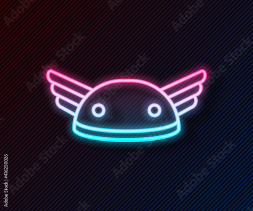 Glowing neon line Helmet with wings icon isolated on black background. Greek god Hermes. Vector.