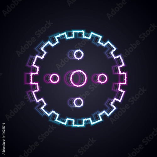 Glowing neon line Bicycle sprocket crank icon isolated on black background. Vector.