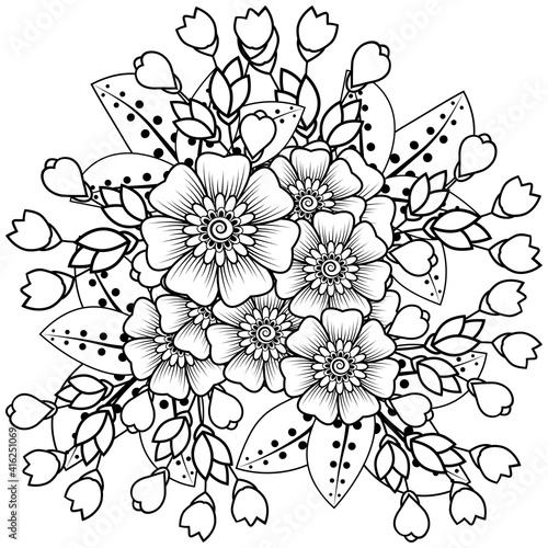 Mehndi flower for henna  mehndi  tattoo  decoration. decorative ornament in ethnic oriental style. doodle ornament. outline hand draw illustration. coloring book page.