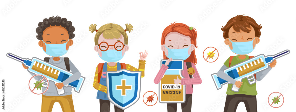 Fototapeta premium COVID-19 vaccine concept. Children mask. Education risks of the virus. Girl mask and a boy mask are holding a knight's sh vaccines and syringes. Fight prevent covid. 