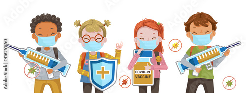 COVID-19 vaccine concept. Children  mask.  Education risks of the virus. Girl mask and a boy mask are holding a knight's sh vaccines and syringes. Fight prevent covid. 