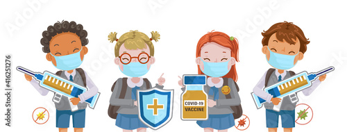 COVID-19 vaccine concept. Children uniform mask.  Education risks of the virus. Girl mask and a boy mask are holding a knight's sh vaccines and syringes. Fight prevent covid. 