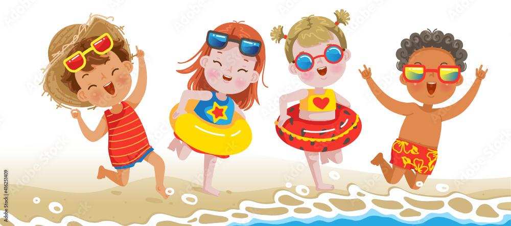 Boys and little girl playing on the beach on summer holidays. Happy kids on vacations at seaside running in the waves and sand. Children on the sandy seasand and blue sky. Boys and little girl playing on the beach on summer holidays. Happy kids on vacations at seaside running in the waves and sand. Children on the sandy seasand and blue sky.