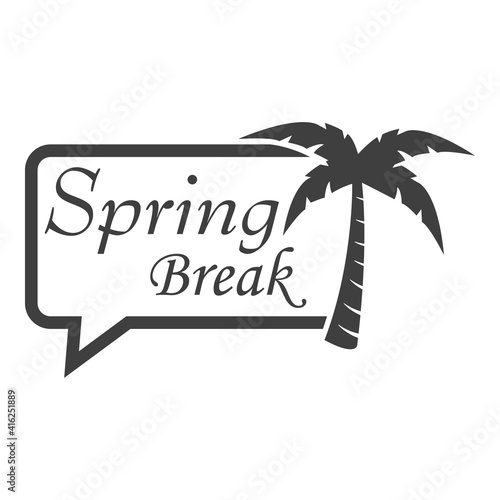 Logotipo con texto manuscrito Spring Break escrito a mano con palmera en burbuja de habla en color gris