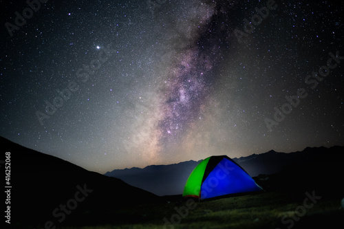 Tent in the night, under Galaxy at bhrigu Lake, Manali, Himachal Pradesh, India photo