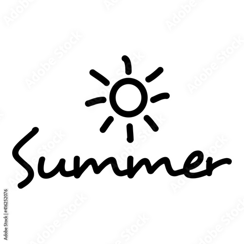 Logotipo con texto manuscrito Summer escrito a mano con sol en color negro