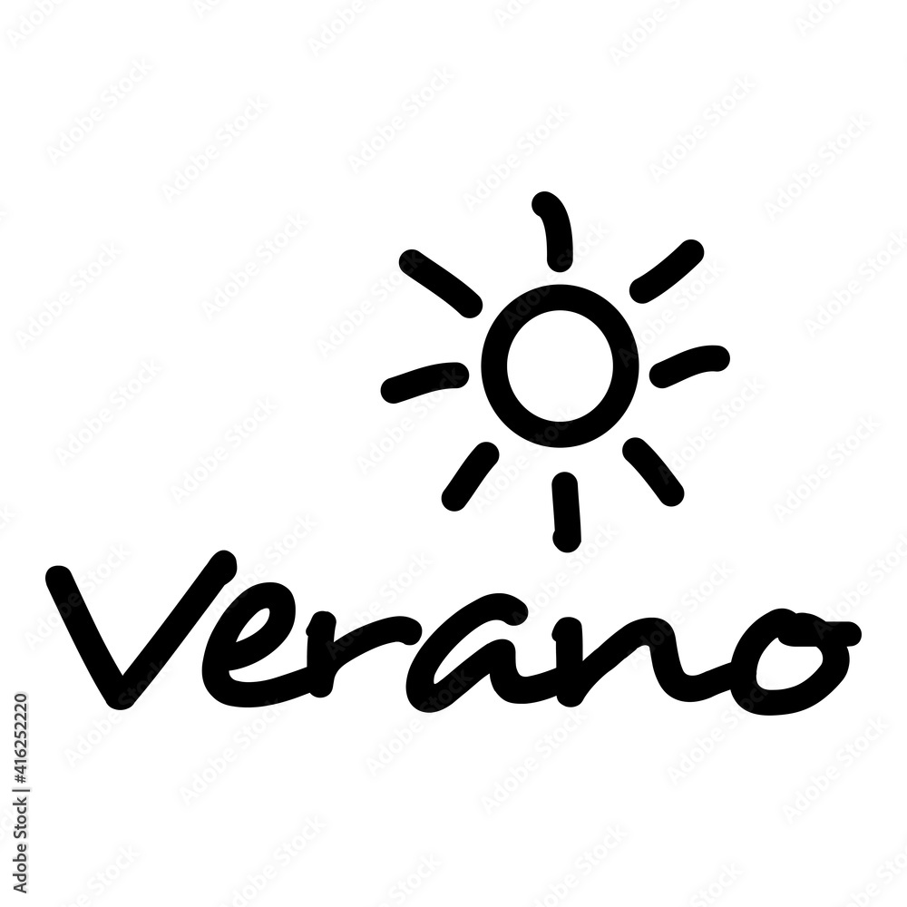 Logotipo con texto manuscrito Verano en español escrito a mano con sol en color negro Logotipo con texto manuscrito Verano en español escrito a mano con sol en color negro