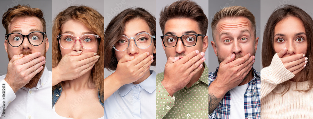 Shocked young people covering mouth - obrazy, fototapety, plakaty 