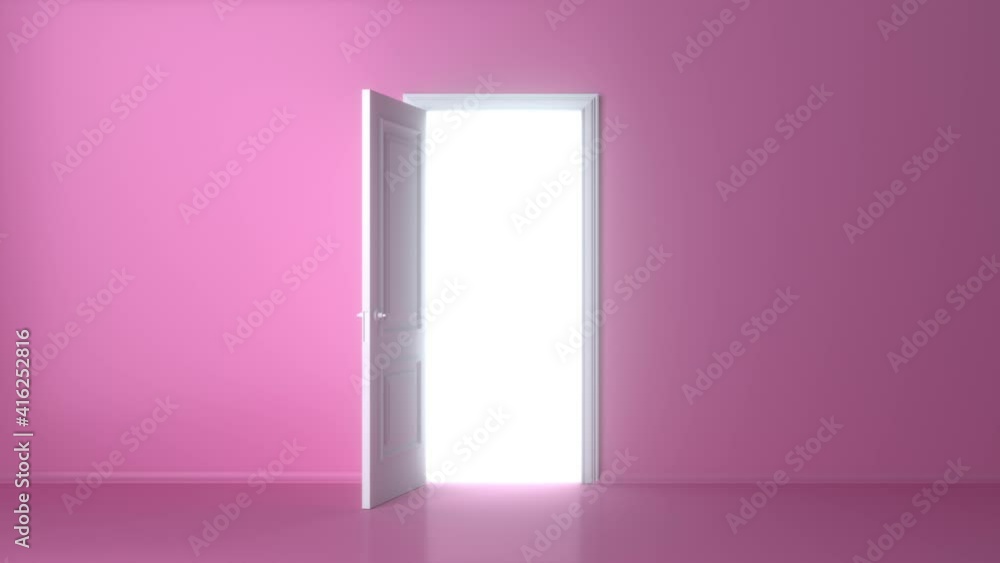 Open white door on pink background. Light shines from door opening. Room interior design element. Flight forward, entering inside the doorway. Opportunity metaphor. Abstract metaphor. 3d animation, 4K Open white door on pink background. Light shines from door opening. Room interior design element. Flight forward, entering inside the doorway. Opportunity metaphor. Abstract metaphor. 3d animation, 4K