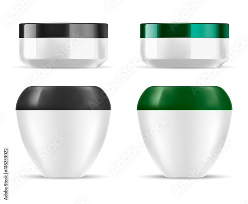 Cream jar. Plastic cosmetic bottle, round vector containerSkin care butter beauty packaging mockup. Makeup creme canister, luxury face csrub package isolated template glossy side blank