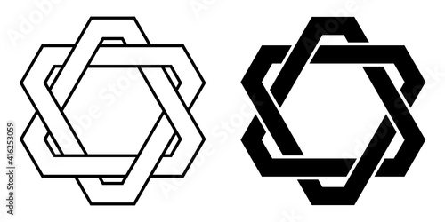 Logo tattoo weaving triangles with cut corners, vector connected triangles, star david with cut corners