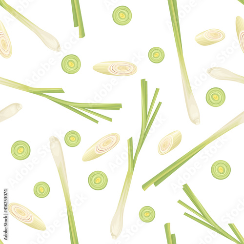 Lemongrass seamless pattern. Vector illustration of aromatic herb stems and slices in cartoon flat style. Spices background.