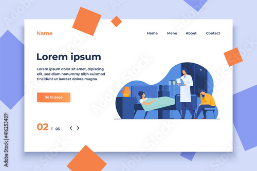 Woman suffering from hard disease. Patient on life support, doctor, hospital flat vector illustration. Illness, intensive care, medical help concept for banner, website design or landing web page