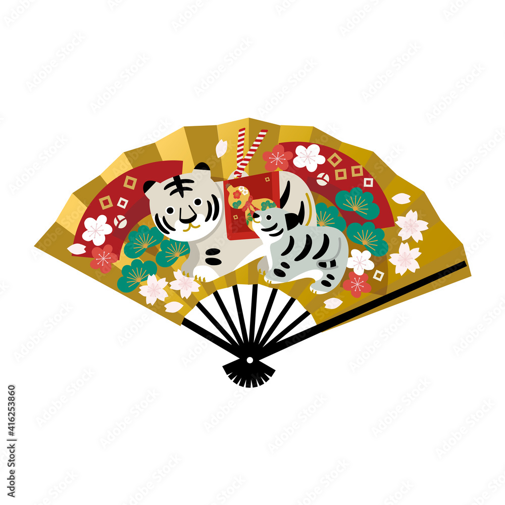 22年 年賀状 寅年 トラの置物 扇子 イラスト Stock Vector Adobe Stock