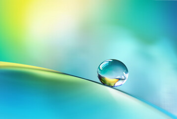 Beautiful clean transparent bright drop of water on smooth surface in blue and yellow colors, macro. Creative image of beauty of environment and nature.