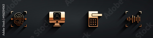 Set Fingerprint, Face recognition, Digital door lock and Voice icon with long shadow. Vector.