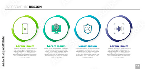Set Mobile and face recognition, Monitor with fingerprint, Shield and Voice. Business infographic template. Vector.