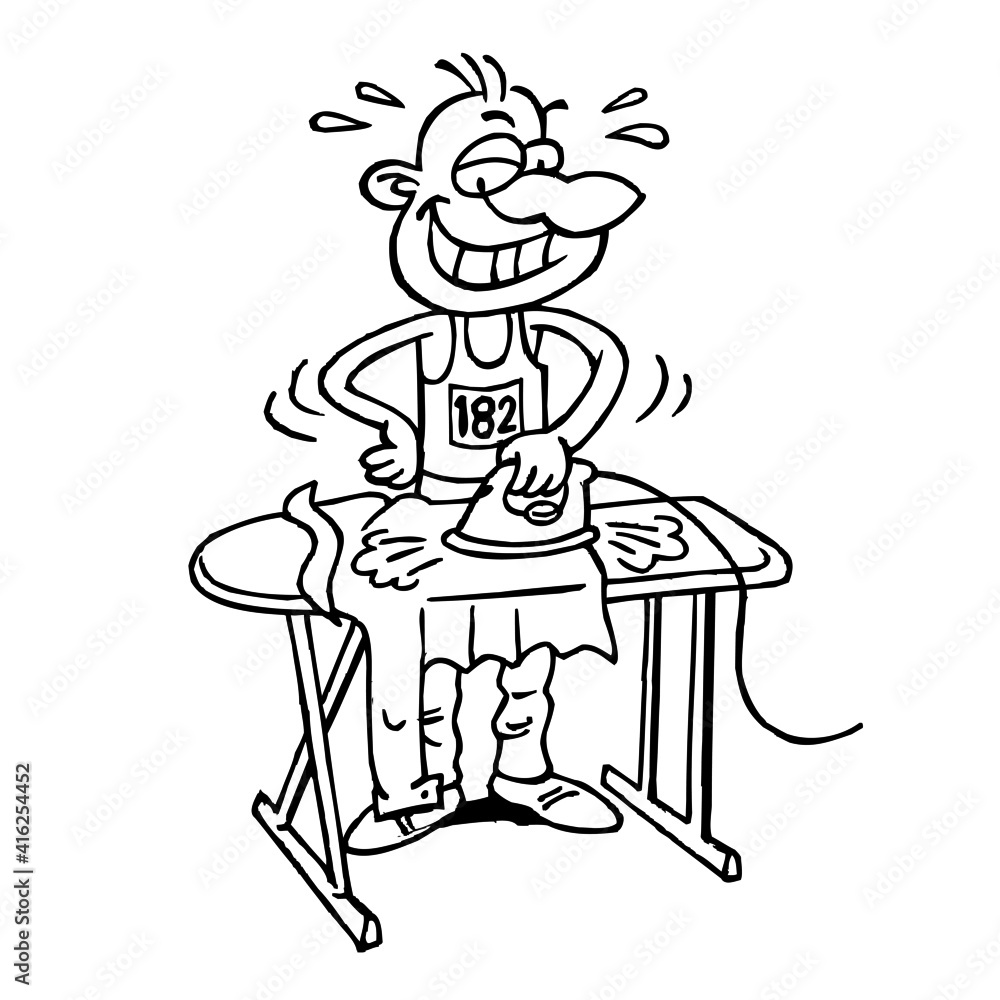 Iron man triathlon racer ironing his jersey with an iron on an ironing