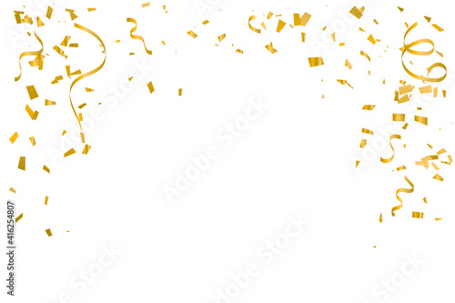 Golden Tiny Confetti And Streamer Ribbon Falling On White Background. Vector