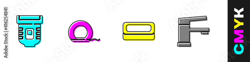 Set Epilator, Dental floss, Bar of soap and Water tap icon. Vector.