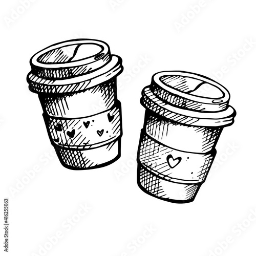 Coffee time. Cute coffe takeaway cup with hearts. Hand draw doodle illustration. Spring mood