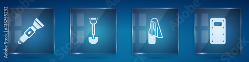 Set Flashlight, Sapper shovel, Cocktail molotov and Military assault shield. Square glass panels. Vector.